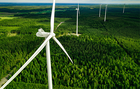 Wind turbines towering above forest produce the kind of clean energy Clariant uses at its Knapsack site.