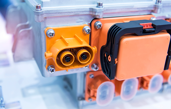 Orange plastic high-voltage connector illustrates good recyclability of Exolit® OP flame retardants.