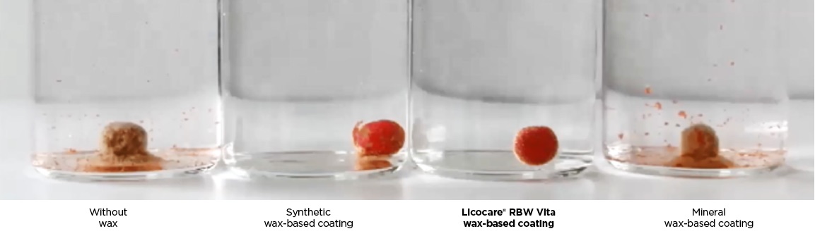 Four fertilizer pellets in water show better water resistance of Licocare® RBW Vita coating and thus slower release of actives.