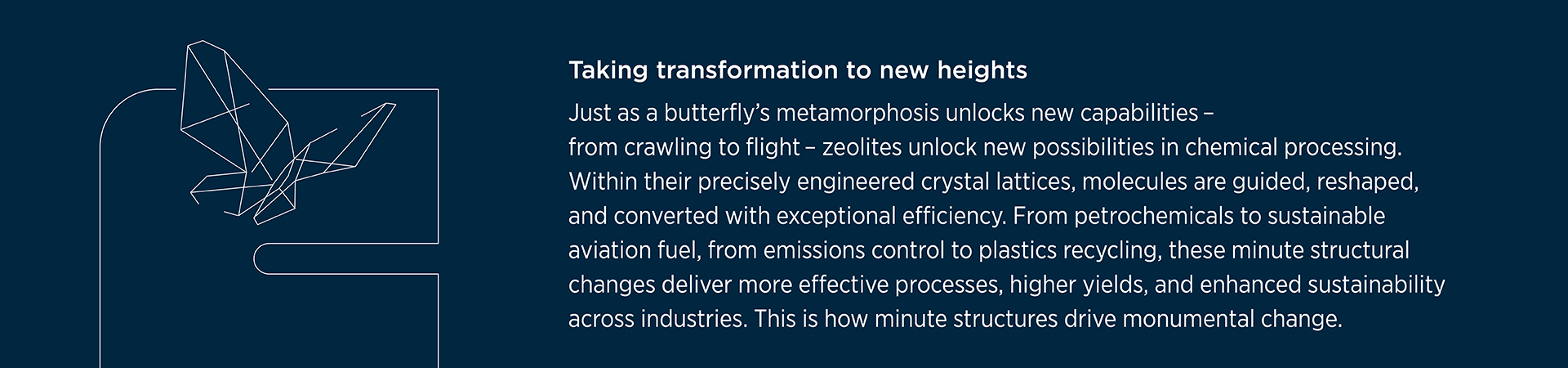 Abstract butterfly line art with text about zeolites unlocking new possibilities in chemical processing and sustainability through precise crystal lattice structures.