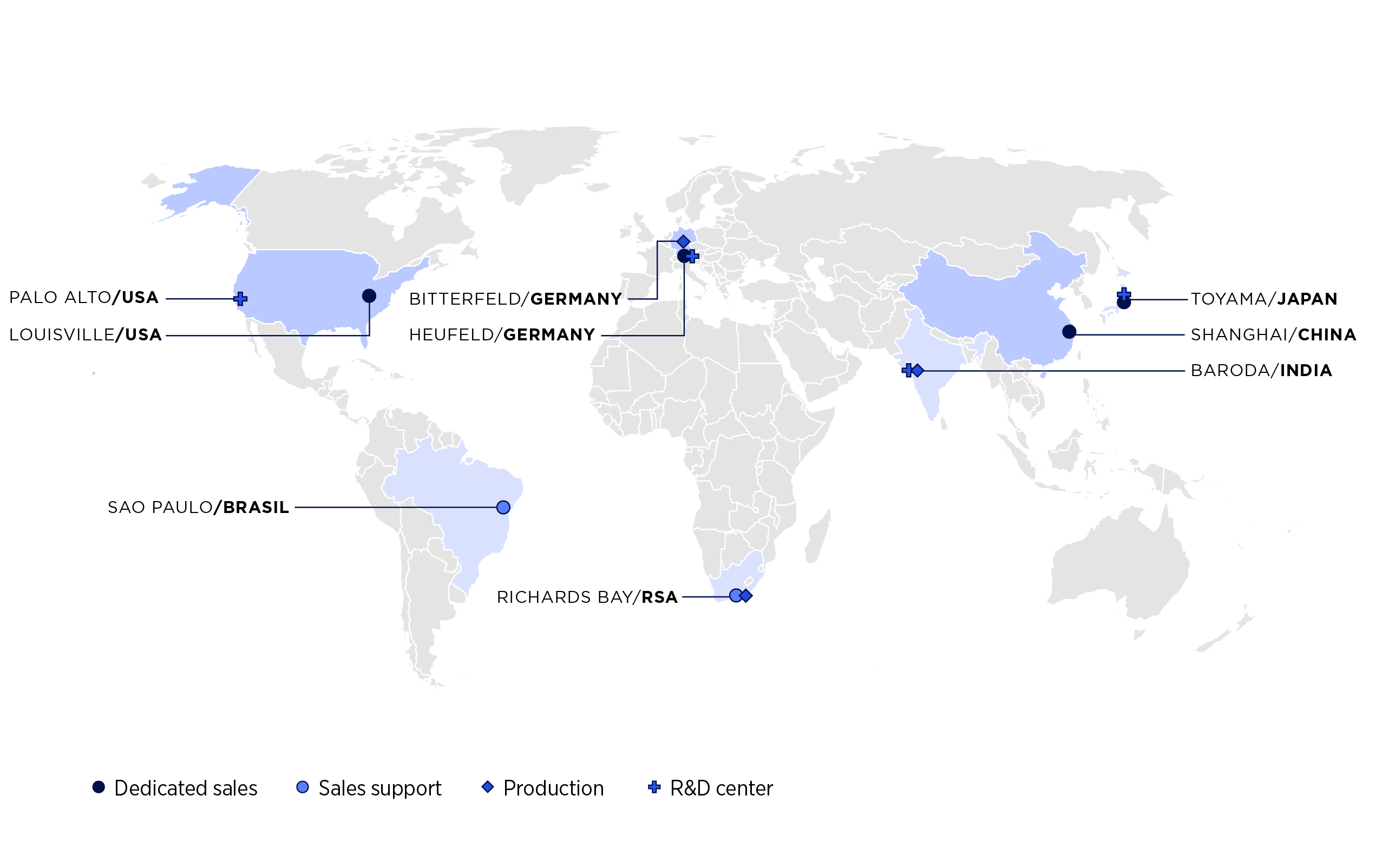 World map showing Clariant Zeolites locations for dedicated sales, sales support, production, and R&D centers in USA, Germany, Brazil, South Africa, Japan, China, and India.