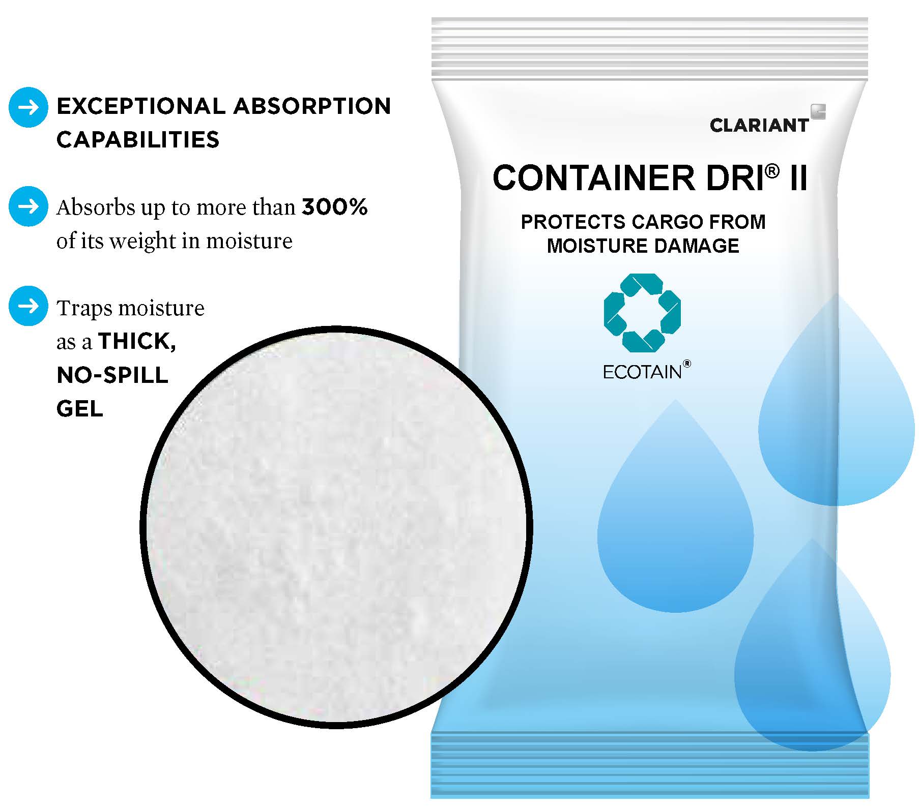 Desiccant bag Container Dri absorbs excess moisture and traps it as a gel 