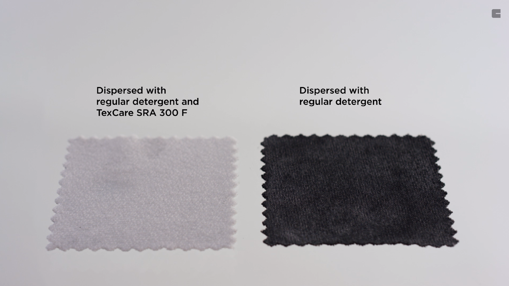The image shows two fabric swatches side by side with text above each one describing the treatment used:

- The left fabric swatch is labeled "Dispersed with regular detergent and TexCare SRA 300 F." This fabric appears lighter in color and has a slightly textured surface.
- The right fabric swatch is labeled "Dispersed with regular detergent." This fabric is darker in color and has a smoother appearance.

The comparison suggests that the addition of TexCare SRA 300 F with regular detergent affects the fabric's appearance, possibly improving dispersion or cleaning results.