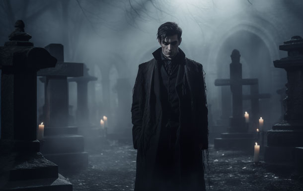 Man dressed as a vampire standing in a foggy, candlelit graveyard with stone crosses and eerie atmosphere.