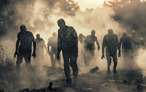 Group of zombies walking through a foggy, eerie forest path at dusk, with decayed clothing and haunting expressions.