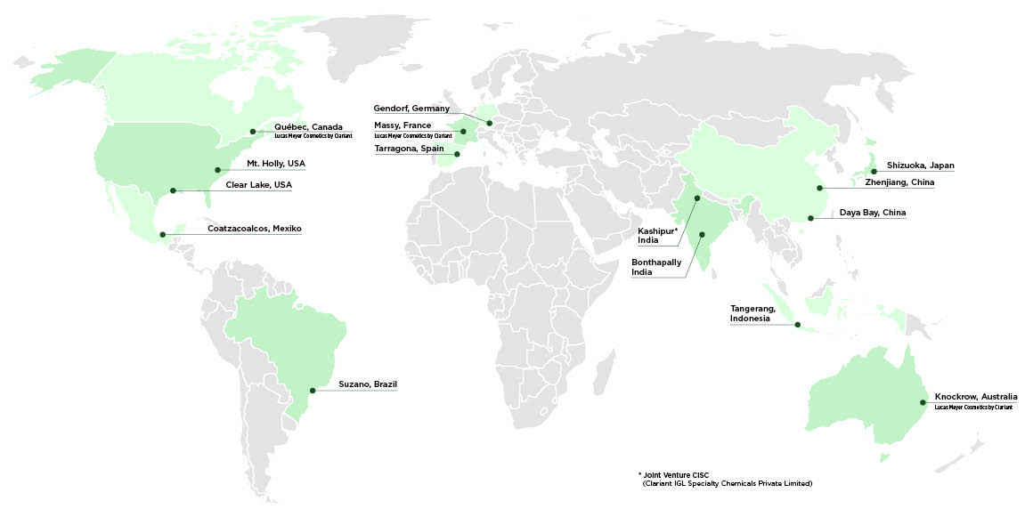 This map shows various locations around the world, highlighting specific cities and countries with labeled points. The highlighted locations are:

- Québec, Canada (Lucas Meyer Cosmetics by Clariant)
- Mt. Holly, USA
- Clear Lake, USA
- Coatzacoalcos, Mexico
- Suzano, Brazil
- Gendorf, Germany
- Massy, France (Lucas Meyer Cosmetics by Clariant)
- Tarragona, Spain
- Kashipur, India
- Bonthapally, India
- Tangerang, Indonesia
- Shizuoka, Japan
- Zhenjiang, China
- Daya Bay, China
- Knockrow, Australia (Lucas Meyer Cosmetics by Clariant)

There is also a note indicating a joint venture: CISC (Clariant IGL Specialty Chemicals Private Limited).

The map likely represents locations of facilities or operations related to Clariant or Lucas Meyer Cosmetics by Clariant.