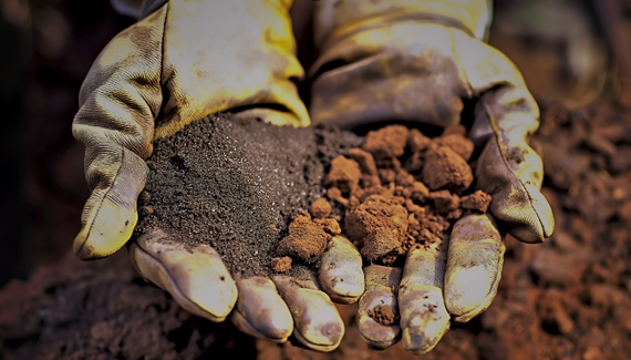 The image shows a pair of hands wearing yellow gloves holding two different types of soil or material. On the left side of the hands, there is a fine, dark, almost black powdery substance, while on the right side, there are larger, reddish-brown clumps of soil or clay. The background appears to be an outdoor setting with more soil or earth visible.