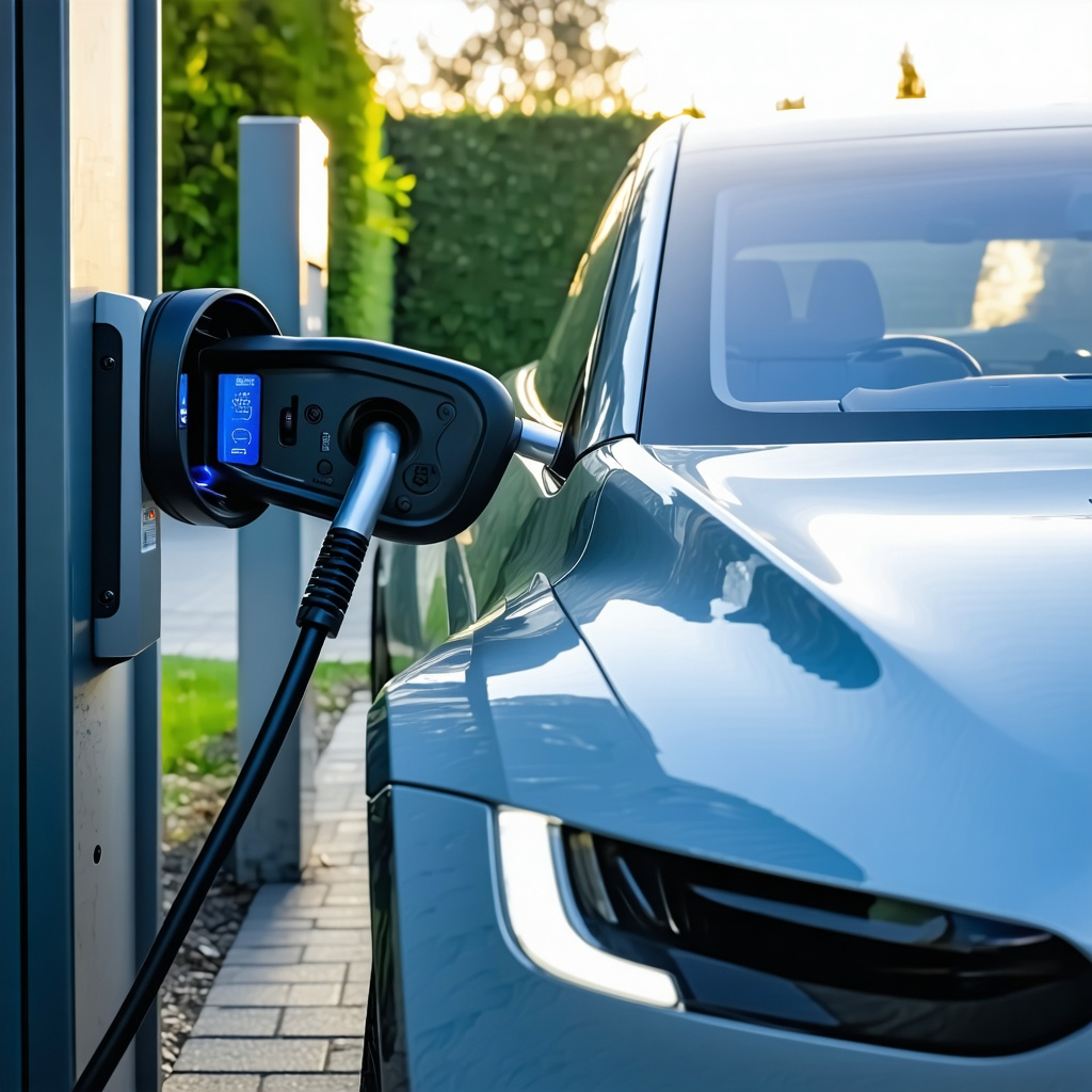 The image shows an electric car being charged at a charging station. The charging cable is plugged into the car, and the display on the charger is illuminated, indicating that the car is currently charging. The car is sleek and modern in design, and the setting appears to be outdoors, possibly in a residential or commercial area with greenery in the background.