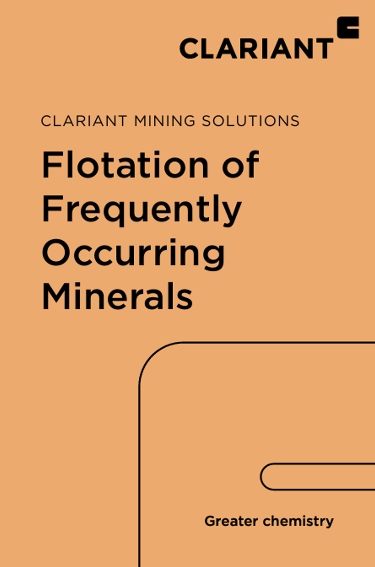 The image is a cover page or title page for a document or presentation by Clariant Mining Solutions. The title is "Flotation of Frequently Occurring Minerals." The background color is orange, and the Clariant logo is displayed at the top right corner. The phrase "Greater chemistry" is also visible near the bottom right.