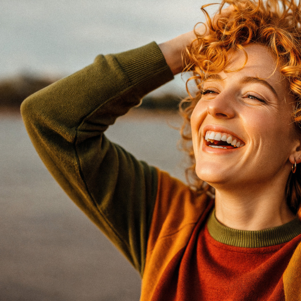 32715_product_Clariant_Woman with red curly hair wearing autumn colored jumper smiling Gemini_