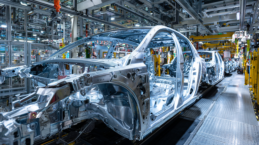 This image shows a car manufacturing assembly line. The car bodies are in the early stages of production, with the metal frames visible and no paint, windows, or other components installed yet. The environment is industrial, with machinery and equipment surrounding the assembly line. The image captures multiple car frames lined up, indicating a mass production process.