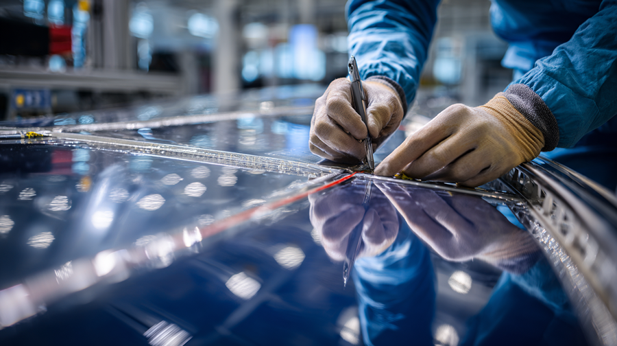 The image shows a close-up of a person wearing gloves and a blue long-sleeve garment, working on a shiny, reflective surface. The person is using a pen or a similar tool to make precise markings or measurements on the surface, which appears to be part of a high-tech or industrial setting, possibly related to manufacturing or assembly. The reflection on the surface is clear, indicating it is smooth and polished. The environment looks like a factory or workshop with blurred background elements.