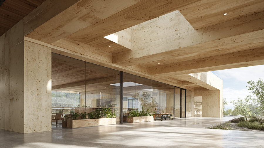 This image depicts a modern architectural space with extensive use of light-colored wood and glass. The design features large glass walls that allow natural light to flood the interior, creating a bright and airy atmosphere. The ceiling has a unique geometric design with wooden beams and skylights, enhancing the natural lighting. There are planters with greenery inside, adding a touch of nature to the space. The floor appears to be polished concrete, complementing the natural materials used in the construction. Outside, there is a garden area with shrubs and trees, visible through the glass walls. The overall aesthetic is minimalist and contemporary, emphasizing natural materials and open space.