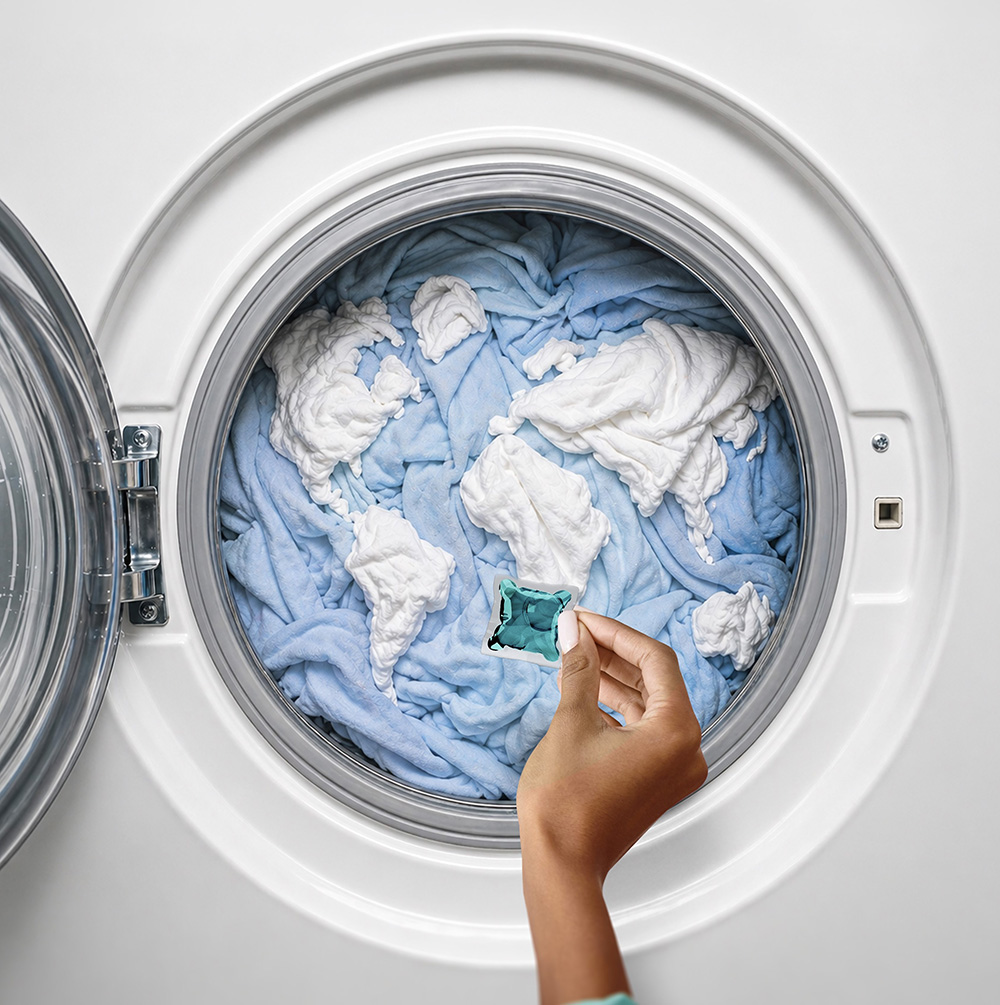 The image shows a front-loading washing machine with its door open. Inside the drum, there are blue and white clothes. A hand is holding a blue laundry detergent pod, about to place it inside the washing machine. The scene suggests the process of doing laundry using a detergent pod.