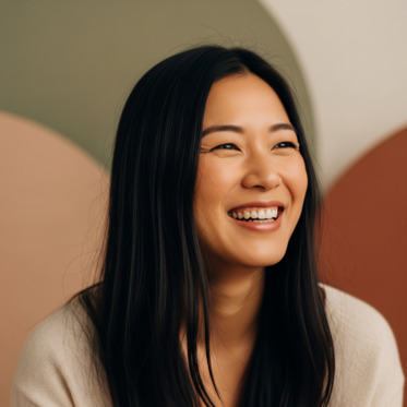 Asian woman with long dark hair smiling on autumn colored background Gemini Generated Image
